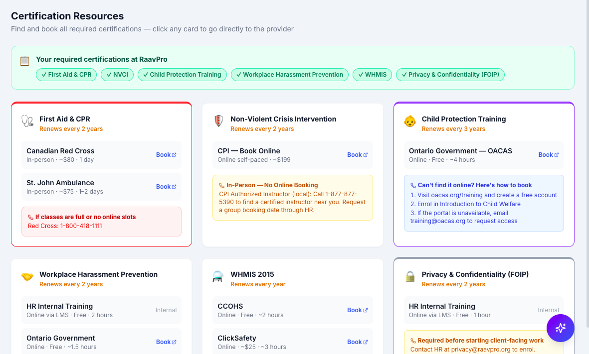 RaavPro certification resources screen listing approved providers, costs and booking links for each required certification
